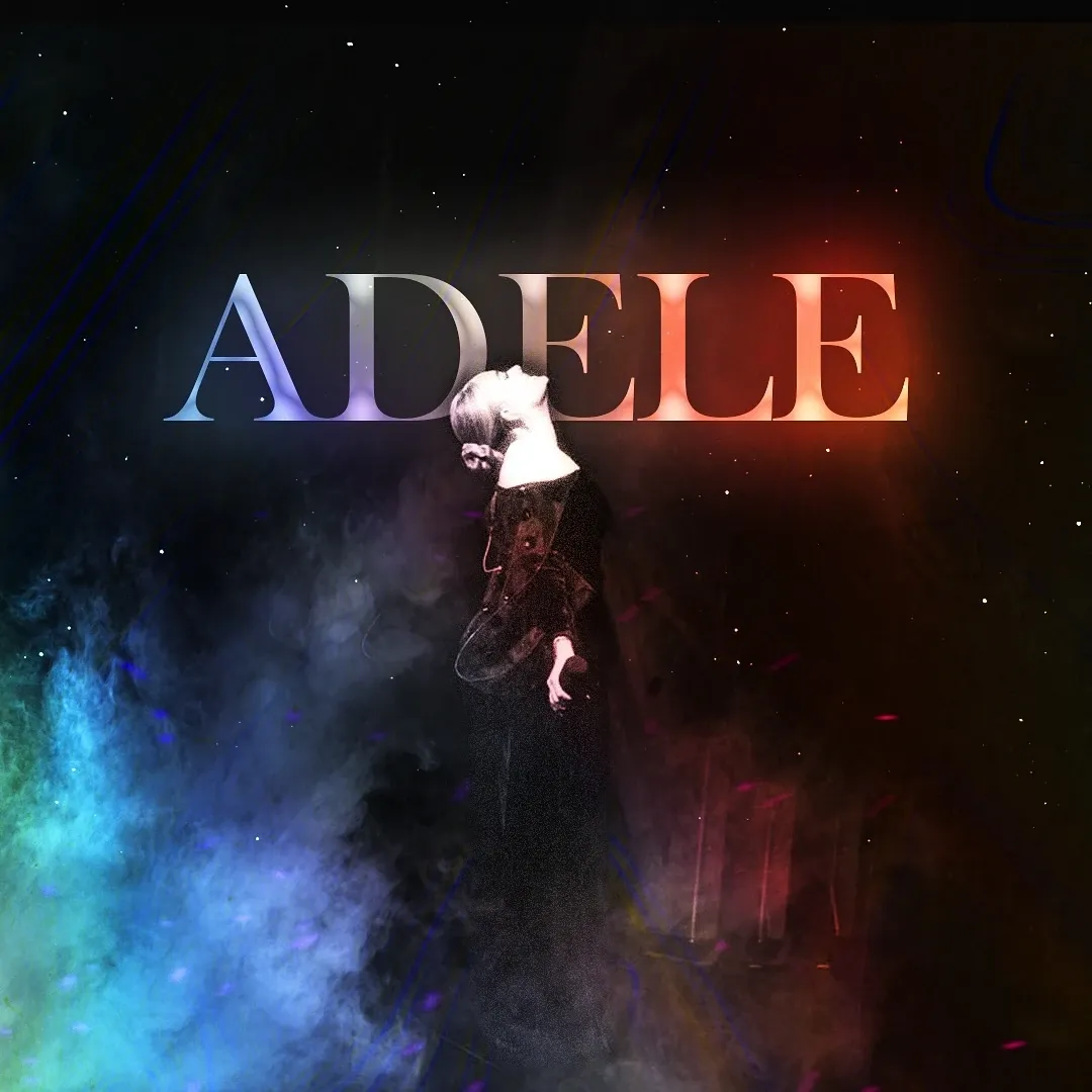Dark cosmic artwork with ADELE in glowing chrome letters above a small figure floating through blue and red nebula light.