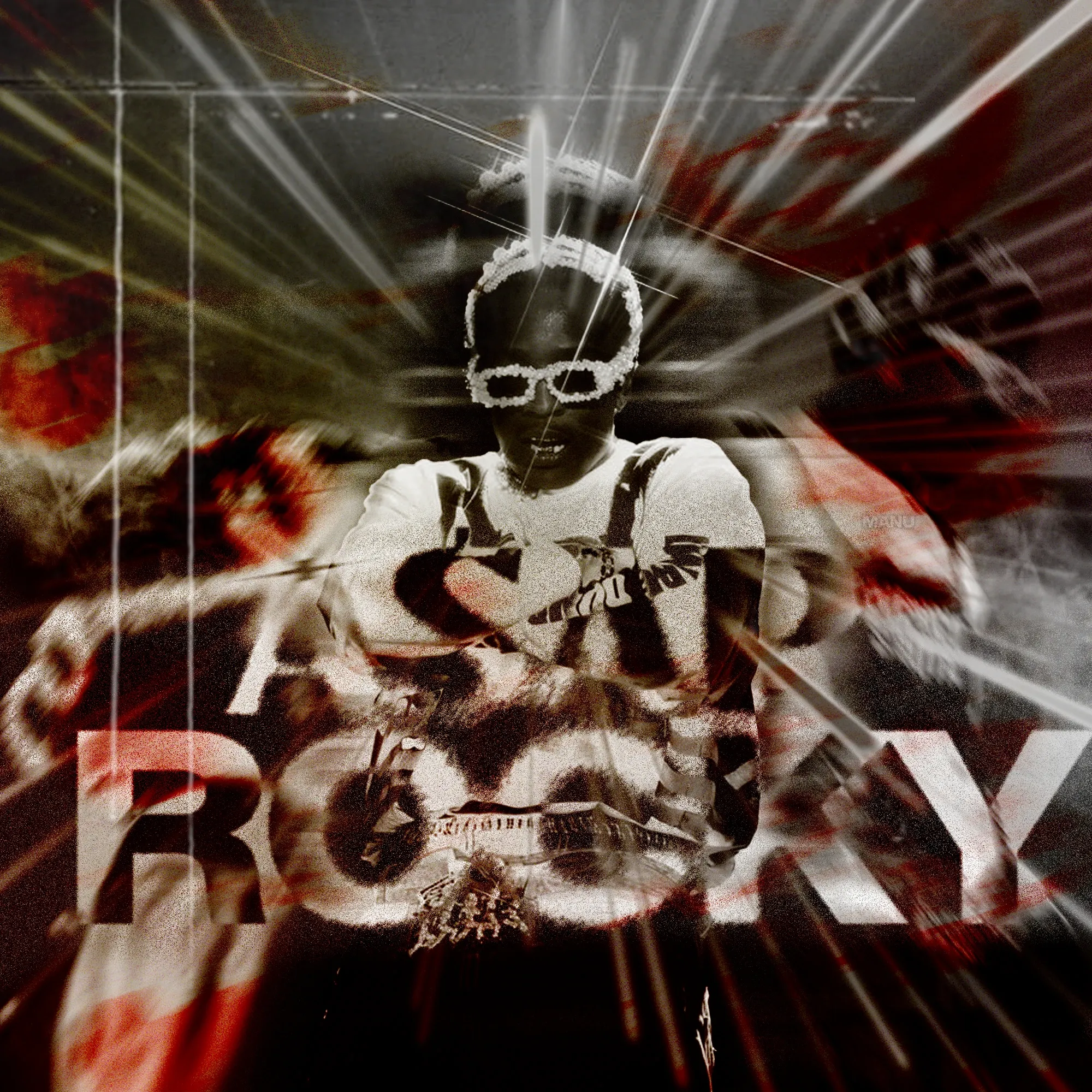 Square artwork of a rapper in a beaded mask at the centre of radiating light streaks and red smoke, with A$AP ROCKY in large distressed letters.