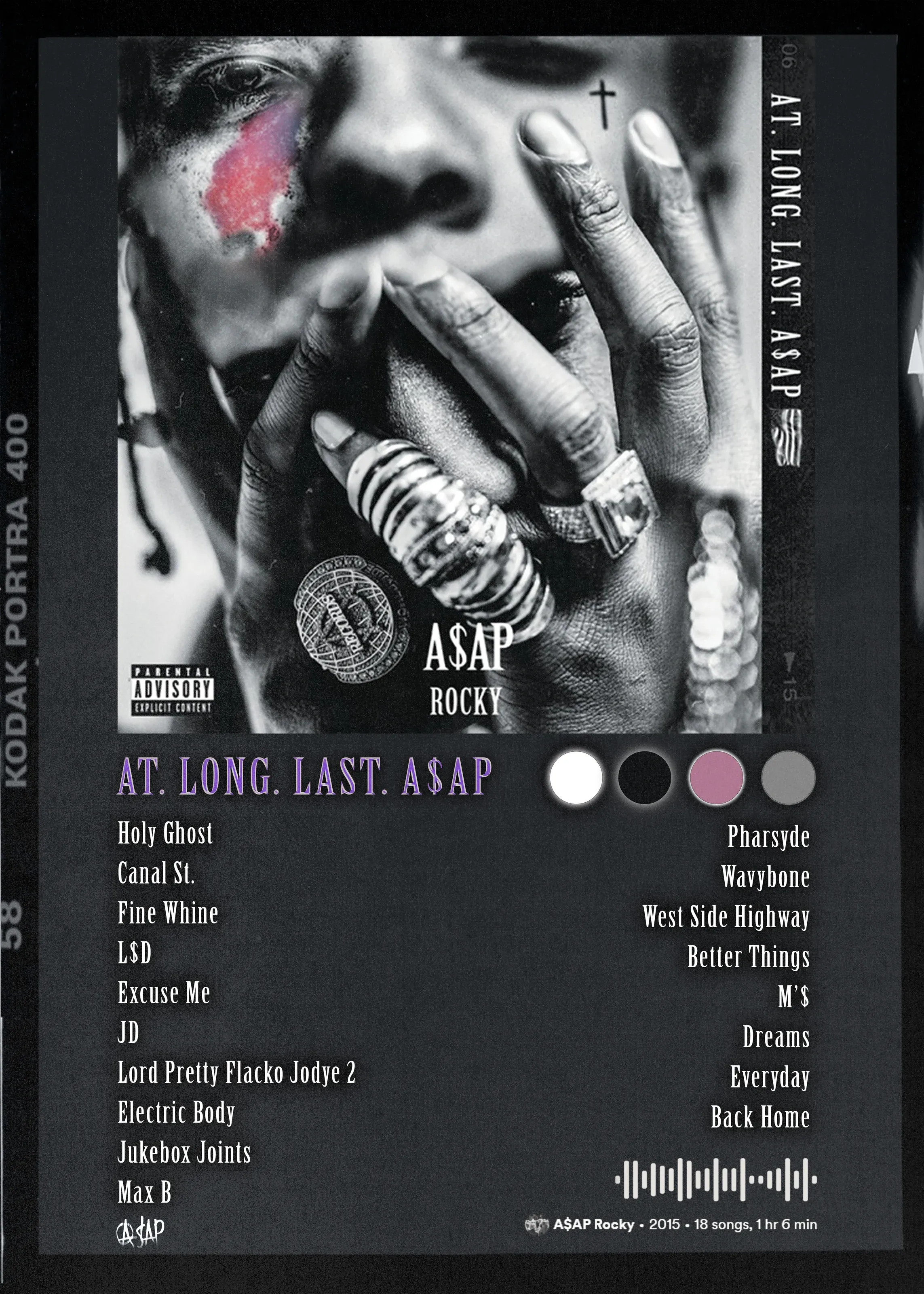 Poster with a close-up black-and-white photo of a man covering his mouth with ringed fingers, above the album title, colour swatches, a two-column tracklist and a Spotify scan code.