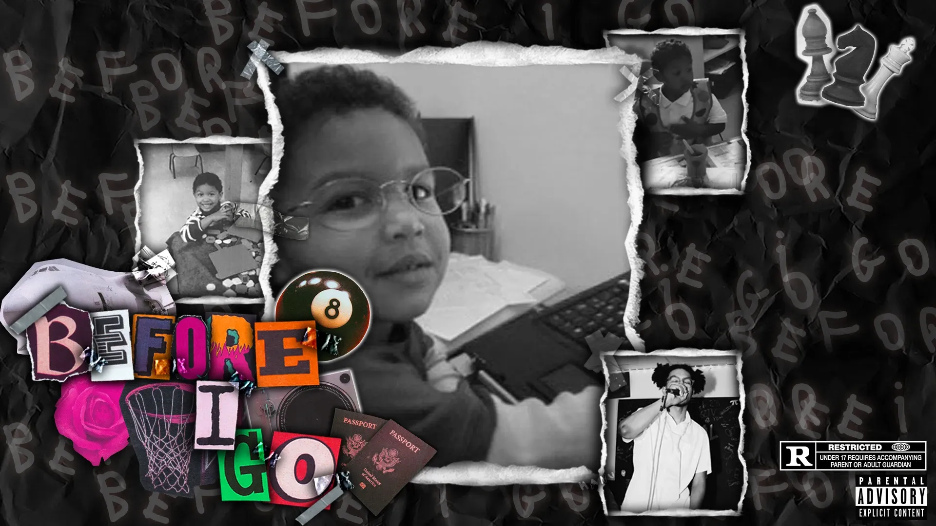 Wide scrapbook collage of childhood photographs, a pink rose and stickers on dark paper, with Before I Go in mismatched cut-out letters.