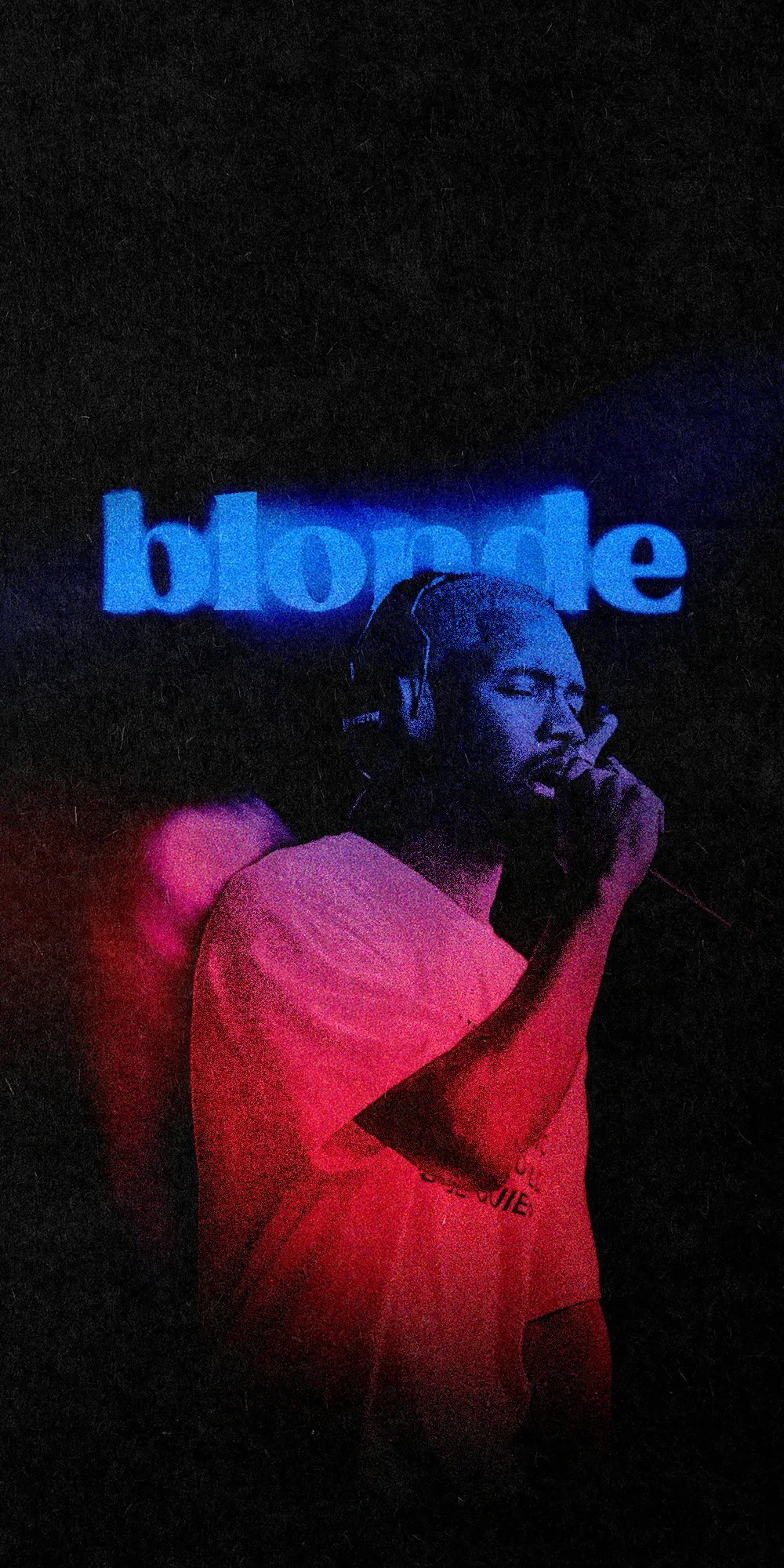 Tall black poster of a singer at a microphone lit red from below, with the word blonde glowing in blue above him.