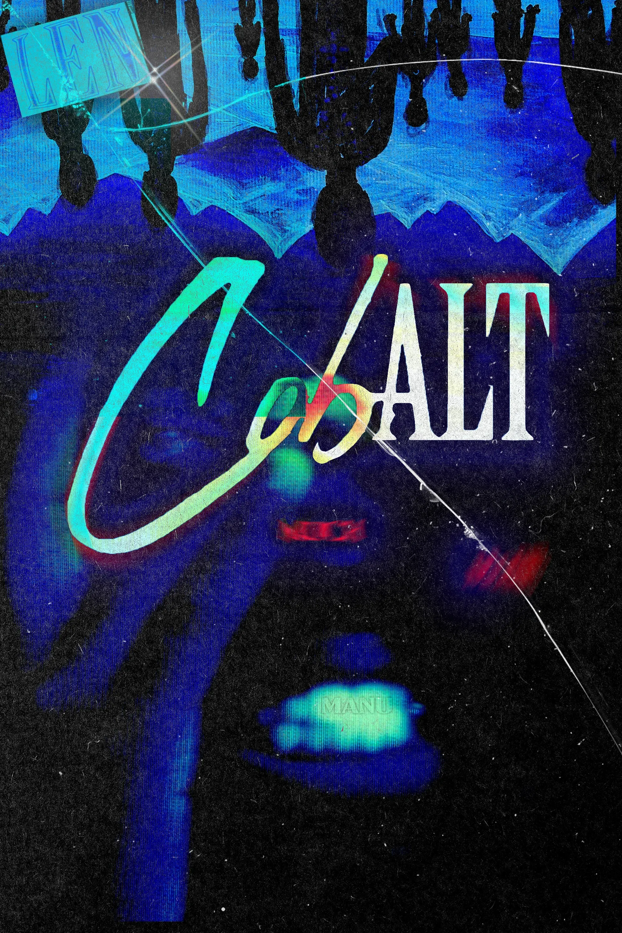 Poster in electric blue tones with an upside-down crowd silhouetted at the top and the word Cobalt in iridescent script across the middle.