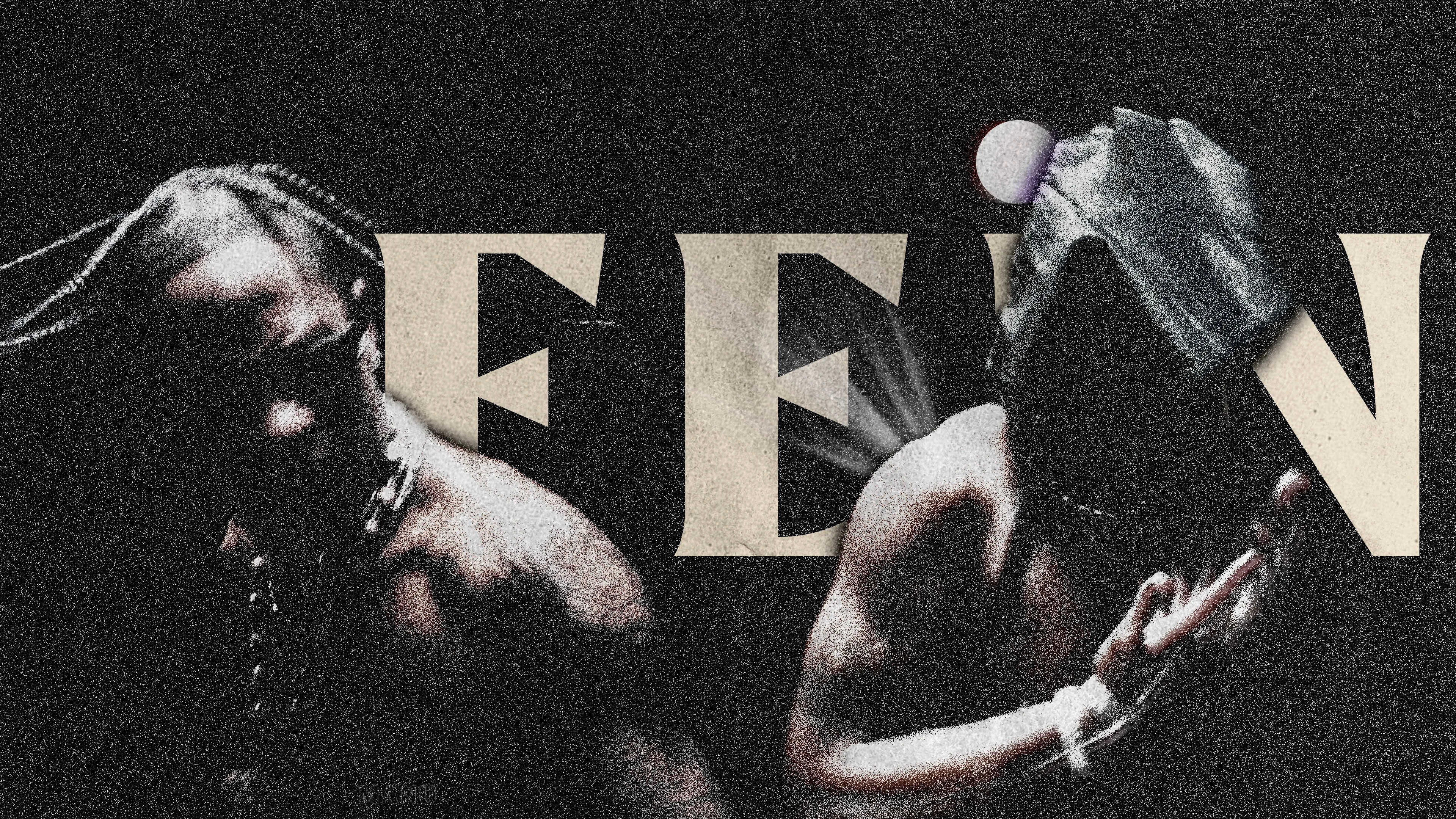 Widescreen grainy artwork of two shirtless figures in shadow on either side of the word FE!N in large cream serif letters.
