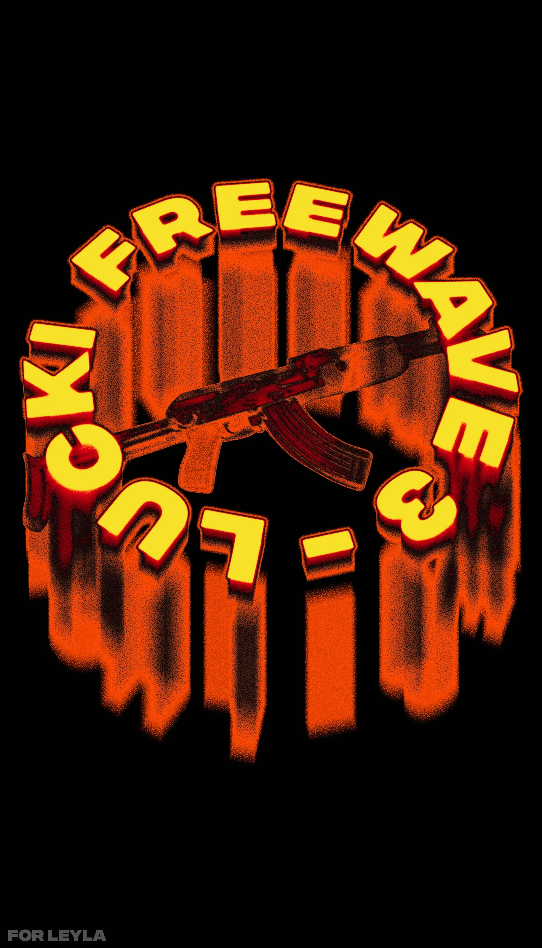 Black poster with Lucki Freewave 3 set in a ring of glowing orange 3D letters around a silhouetted rifle.
