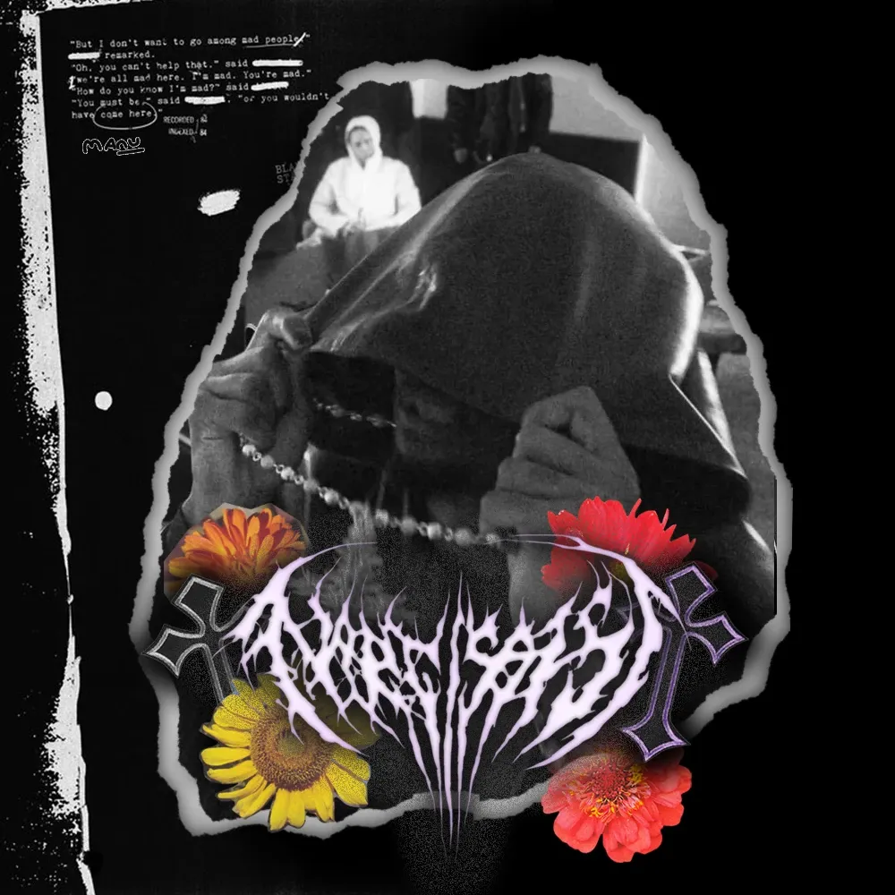 Black-and-white torn-paper collage of a hooded figure wearing a chain, with spiky gothic lettering and red, yellow and orange flowers at the bottom.