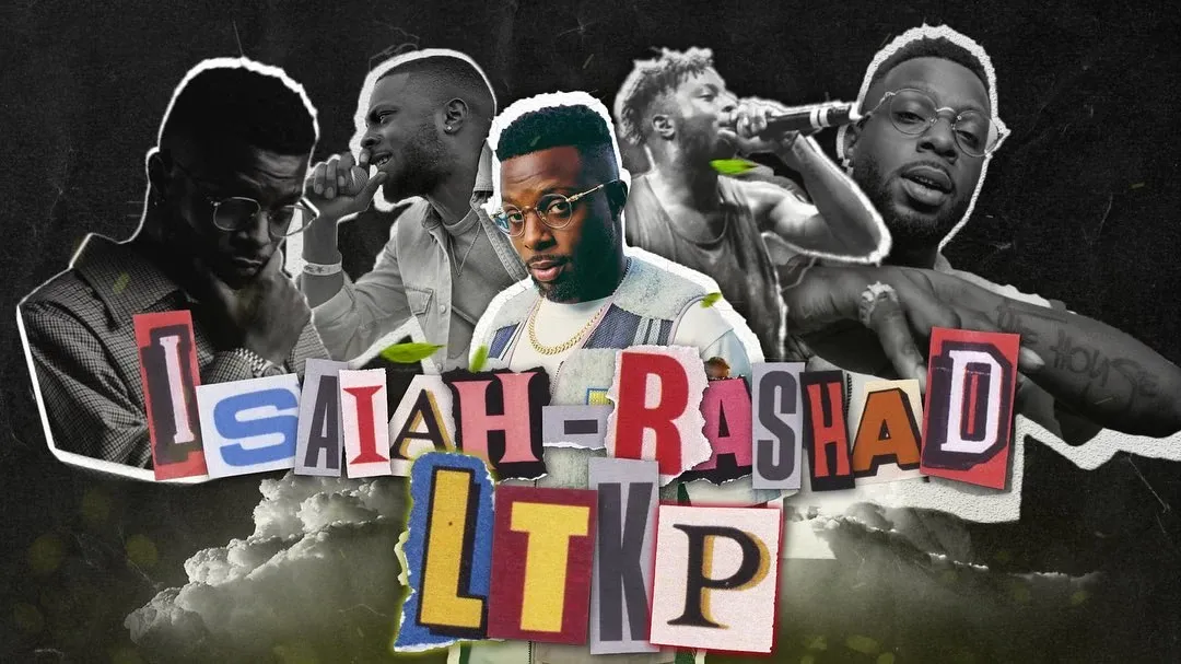 Wide collage of five cut-out portraits of the same rapper in a row, above Isaiah Rashad in colourful cut-out letters.