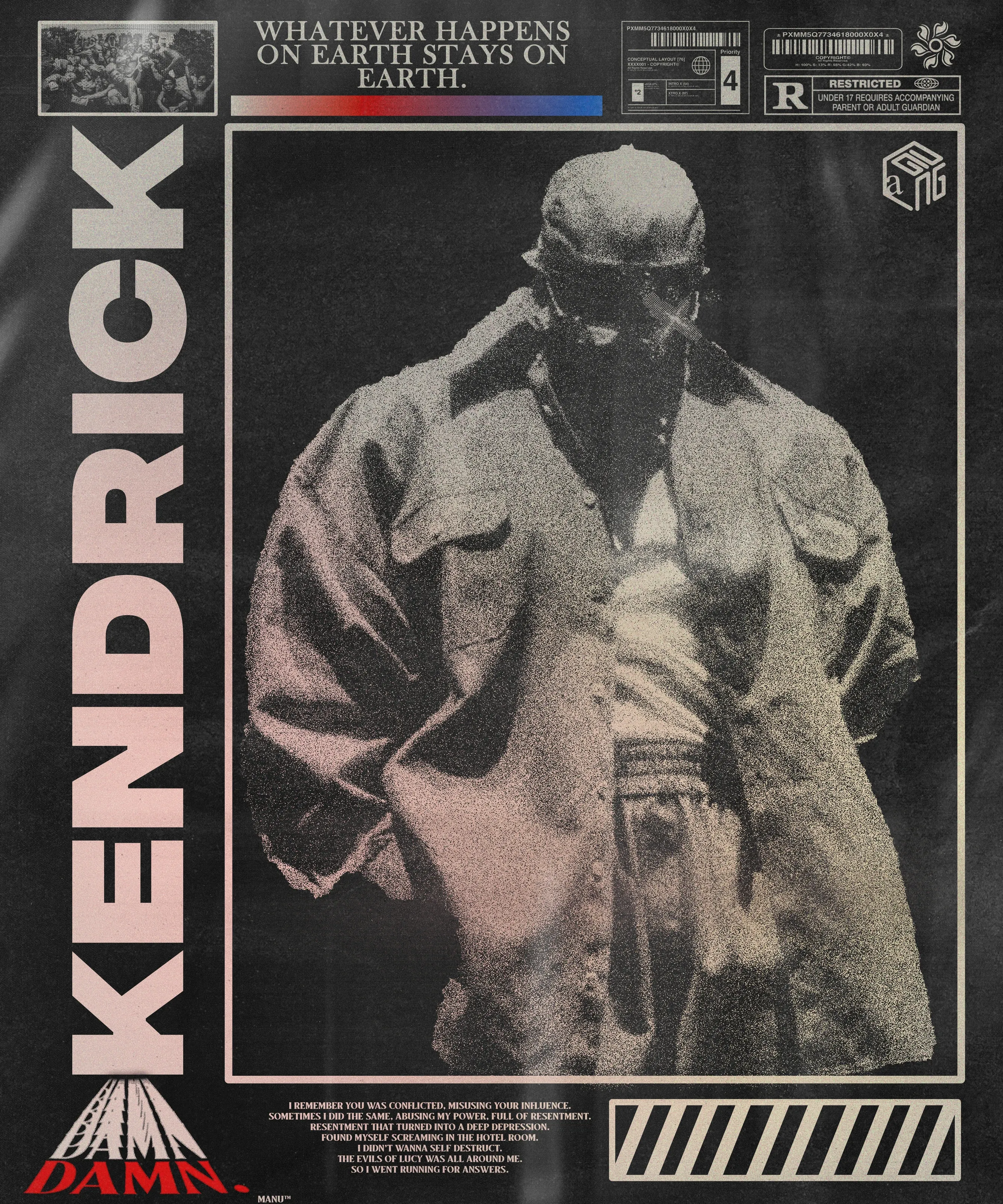 Grainy poster of a man in a cap and oversized jacket inside a framed panel, with KENDRICK set vertically in large pale letters and the DAMN logo in red at the bottom.
