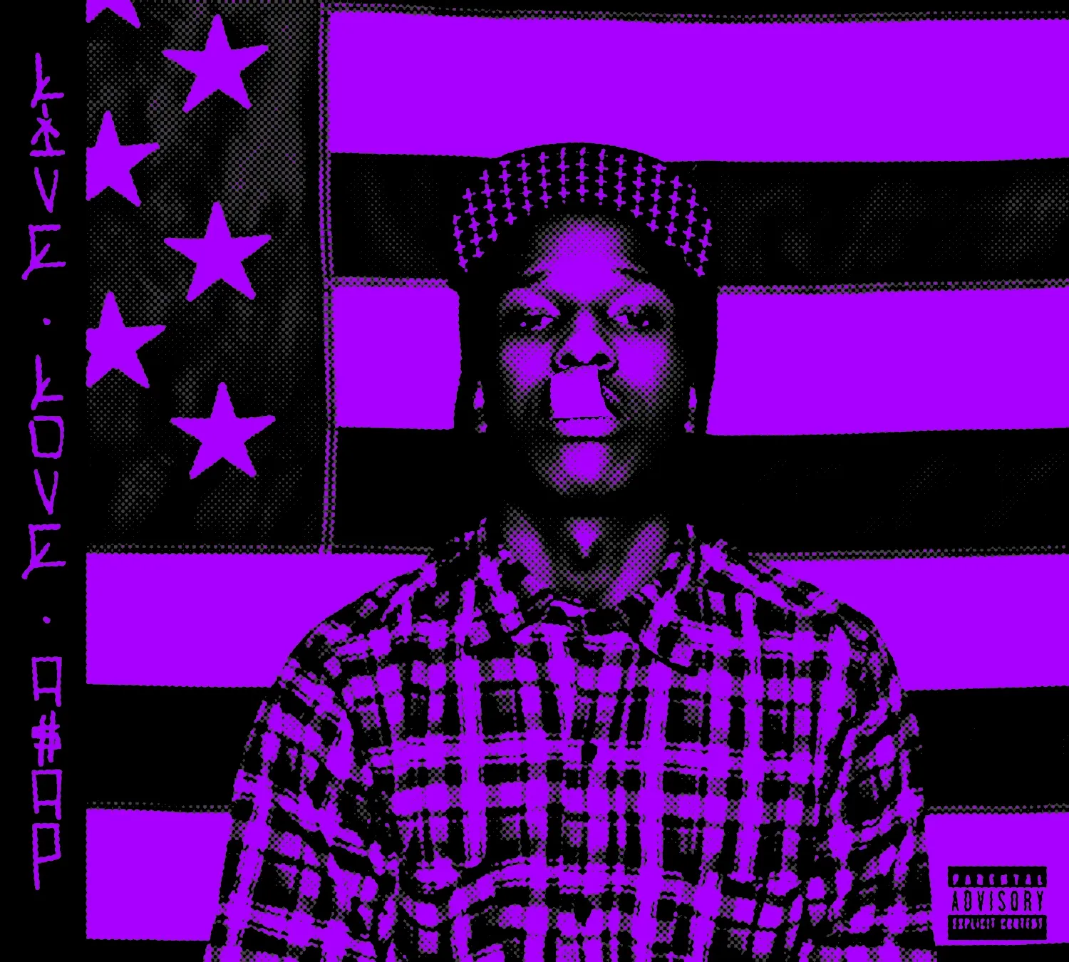Purple duotone portrait of a young man in a checked shirt in front of a stars-and-stripes flag, with Live Love A$AP written vertically down the left.