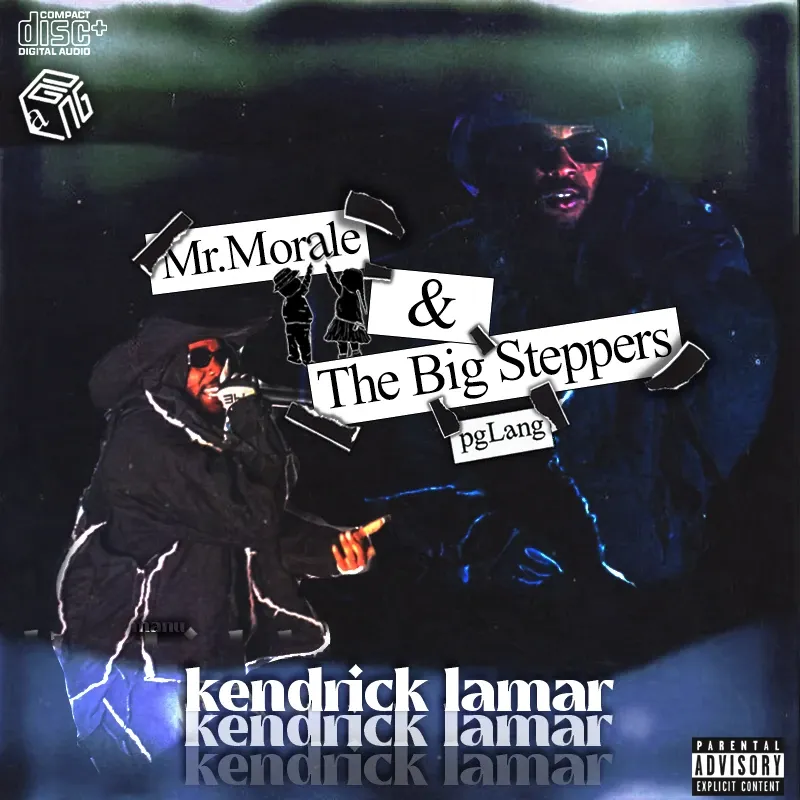 Album cover of two figures in a dim blue room, with the title on torn paper strips and kendrick lamar repeated in white at the bottom.