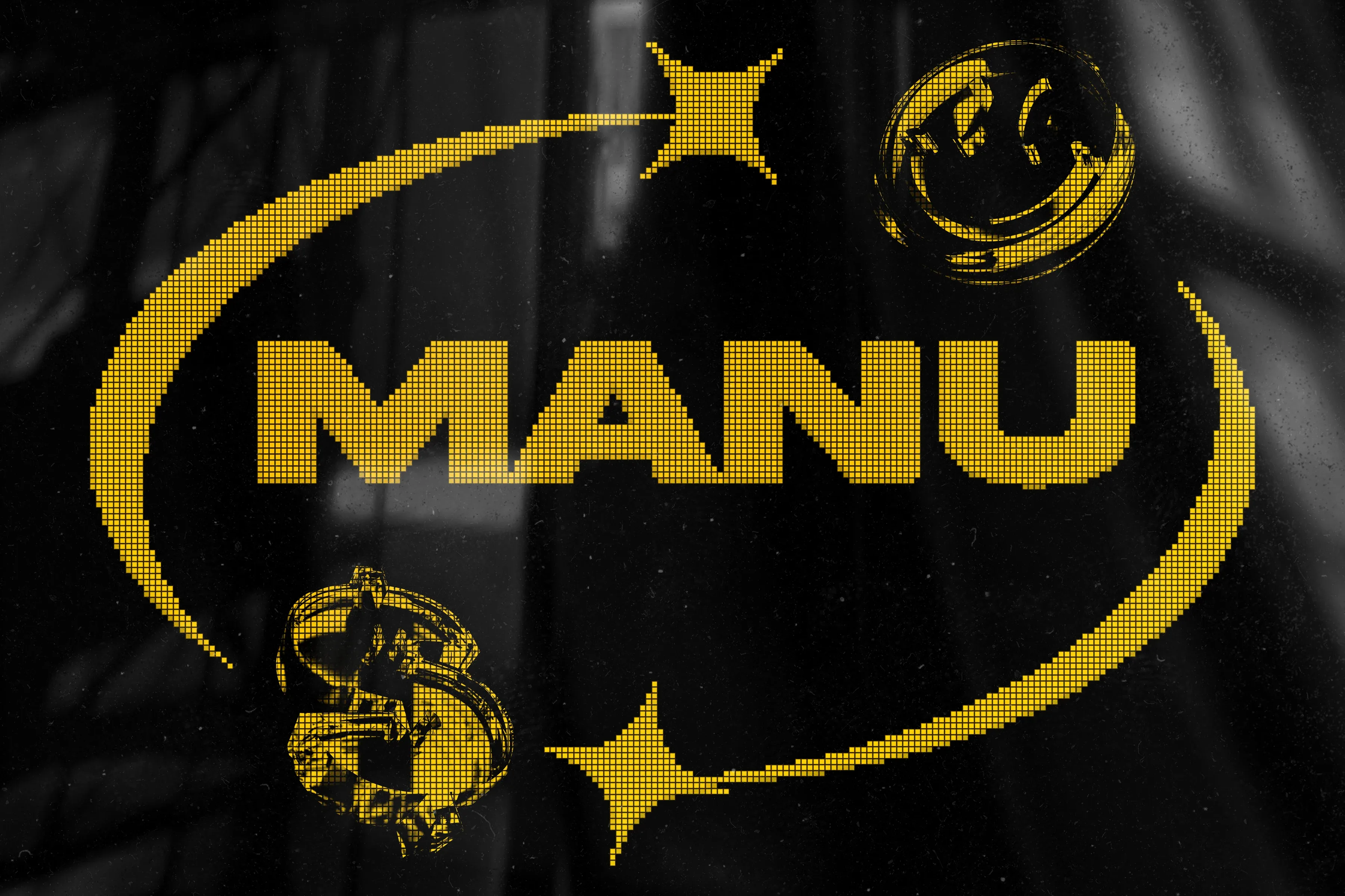 The MANU name card: pixelated gold MANU lettering inside an orbit ring with stars, a smiley coin and a dollar sign, on a dark smoky background.