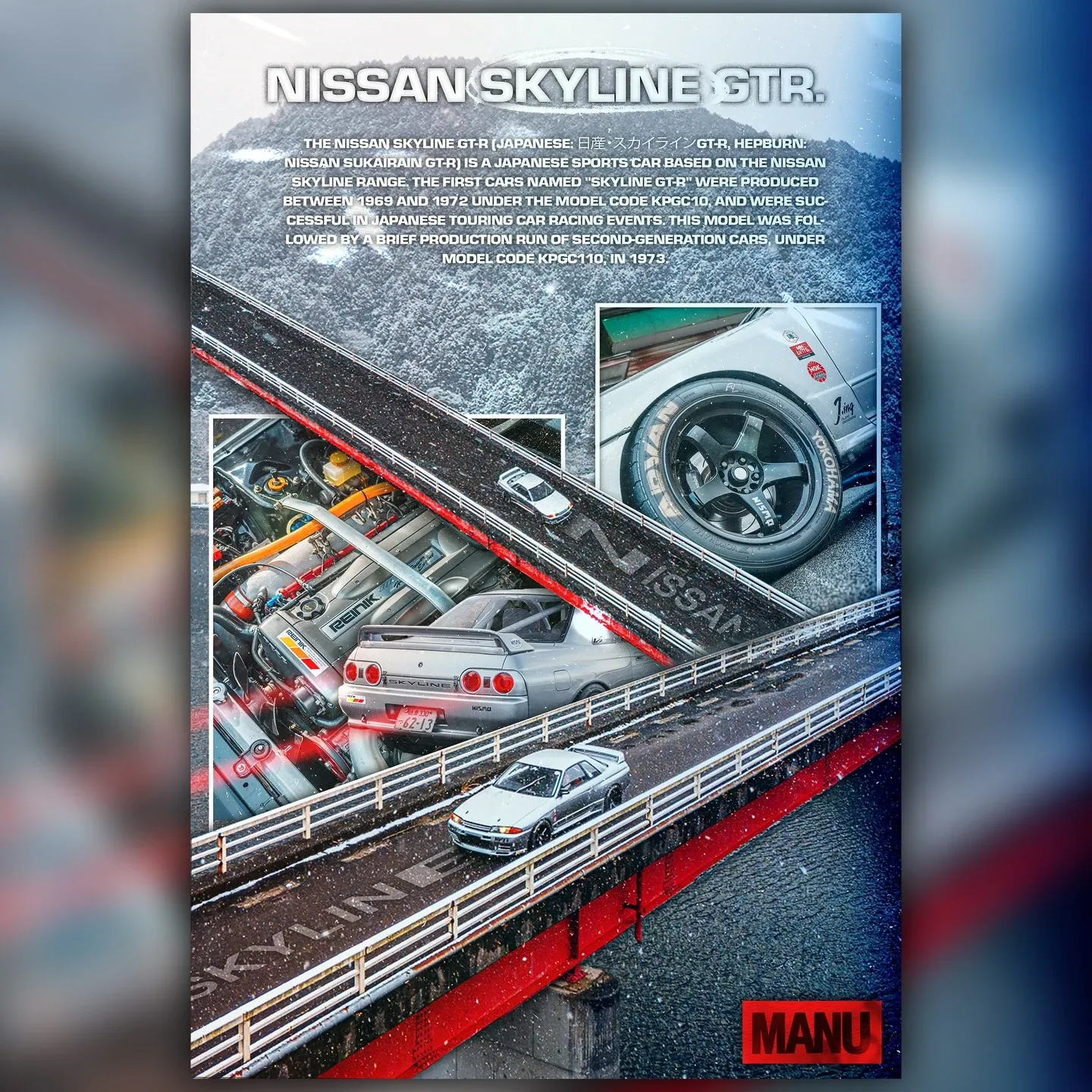 Car poster of a silver Nissan Skyline GT-R on a winding red-railed mountain road, with inset detail shots of the engine, rear and wheel, and the model's history in small type under the title.