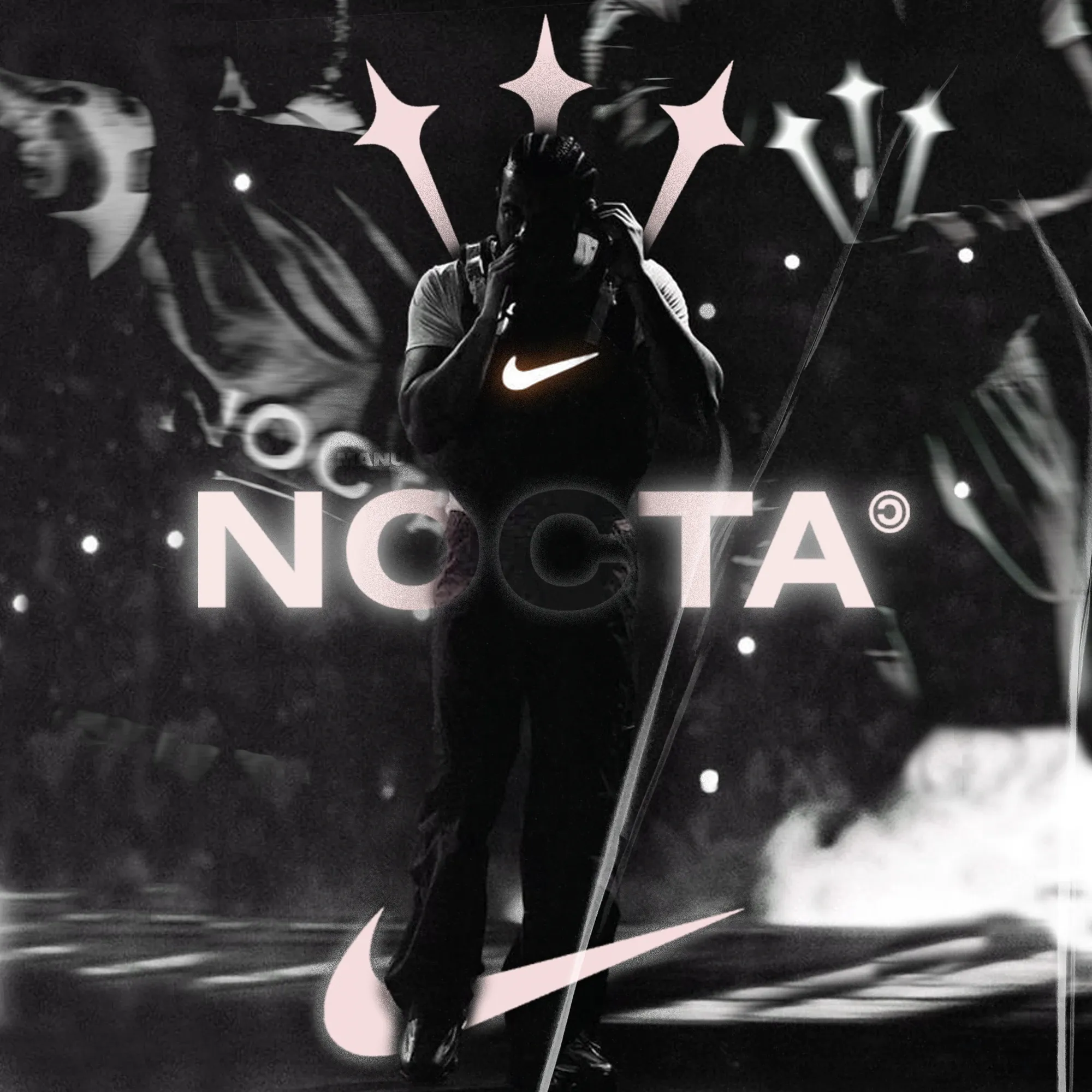 Black-and-white poster of a performer covering his face with his hands on a smoky stage, with NOCTA in glowing pink letters and star shapes above.