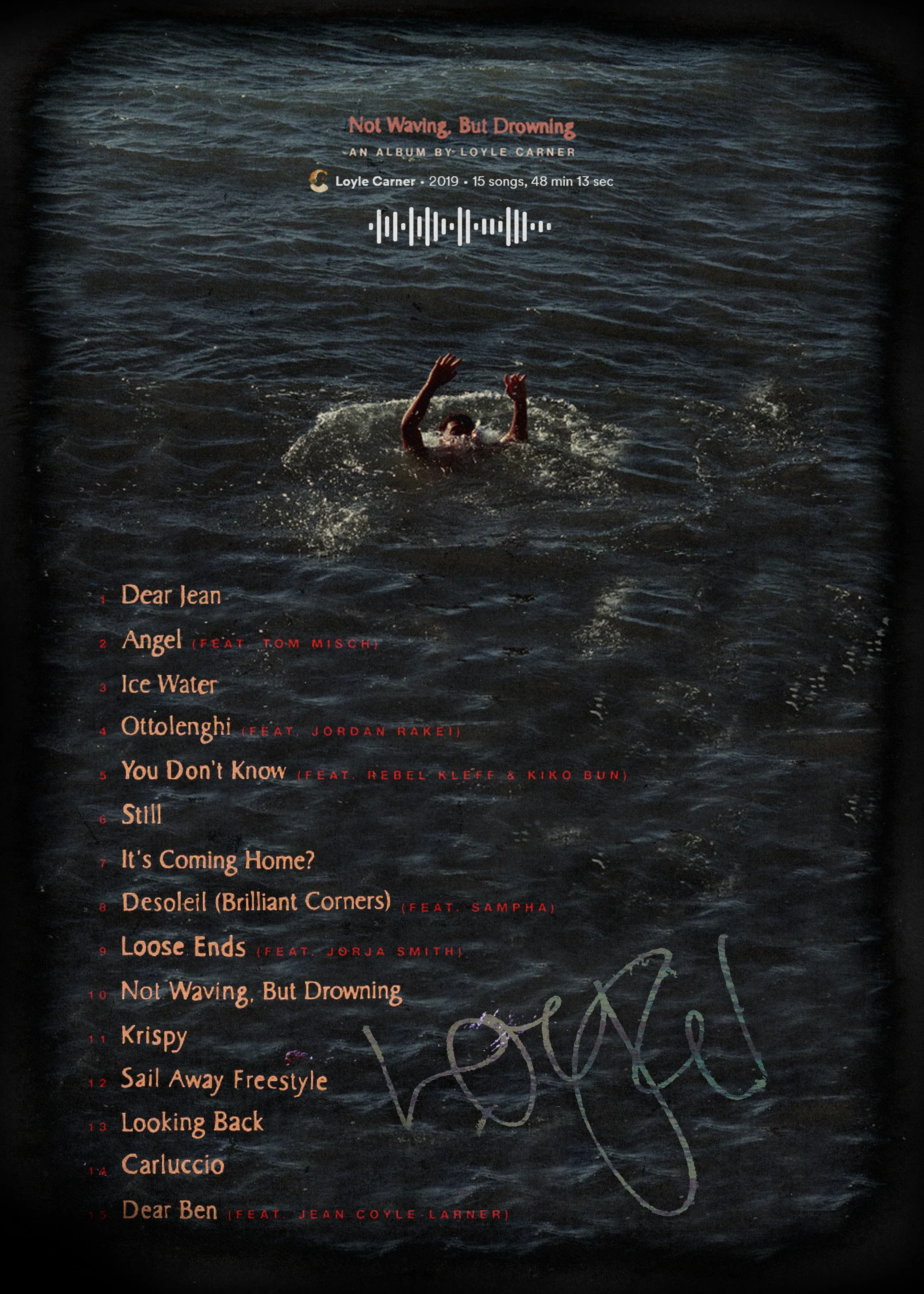 Dark poster of a lone swimmer raising an arm in a vast grey sea, with the album title, a tracklist and a handwritten signature across the water.