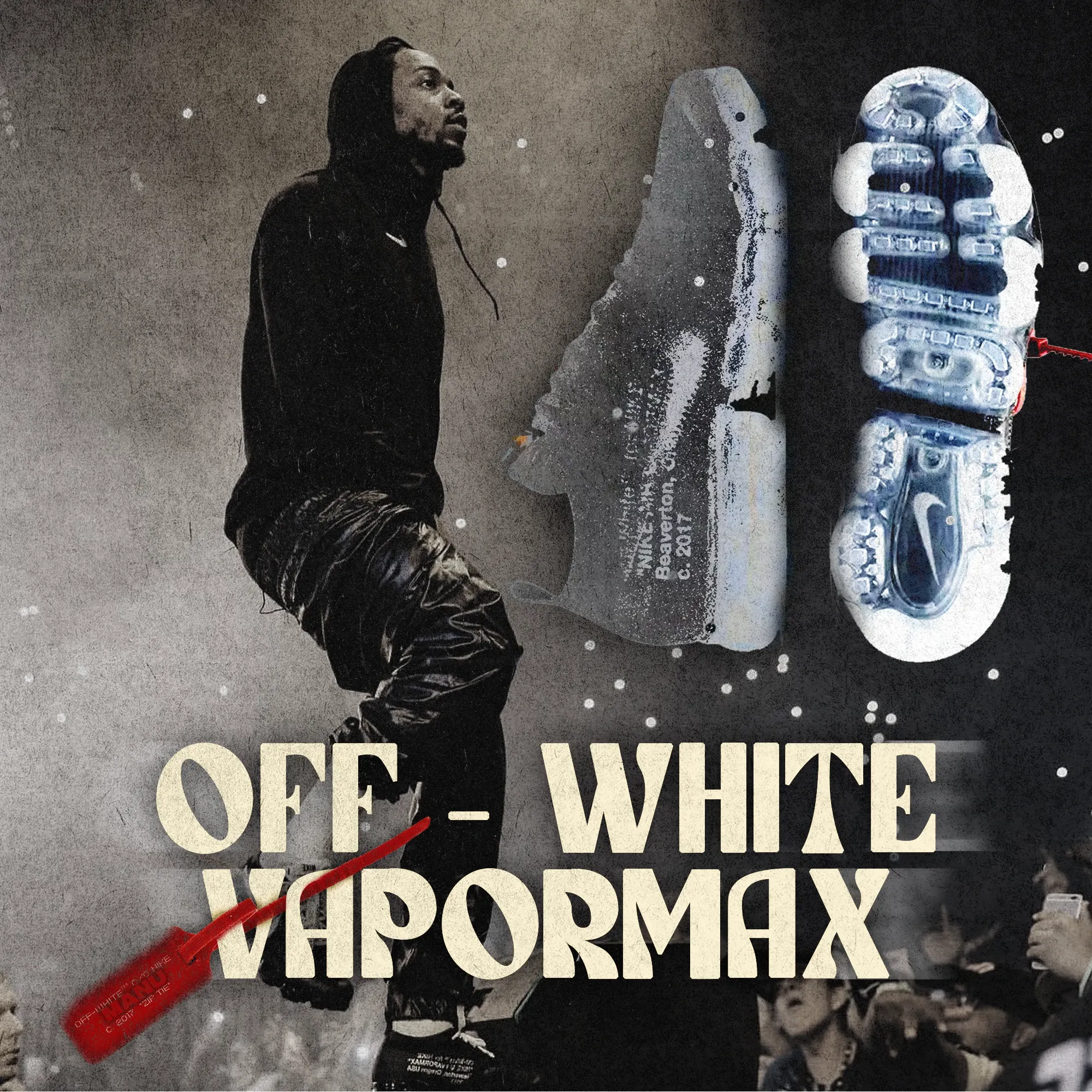 Poster of a rapper in black next to two views of a translucent white sneaker, with Off-White Vapormax in cream serif letters and a red zip tie.