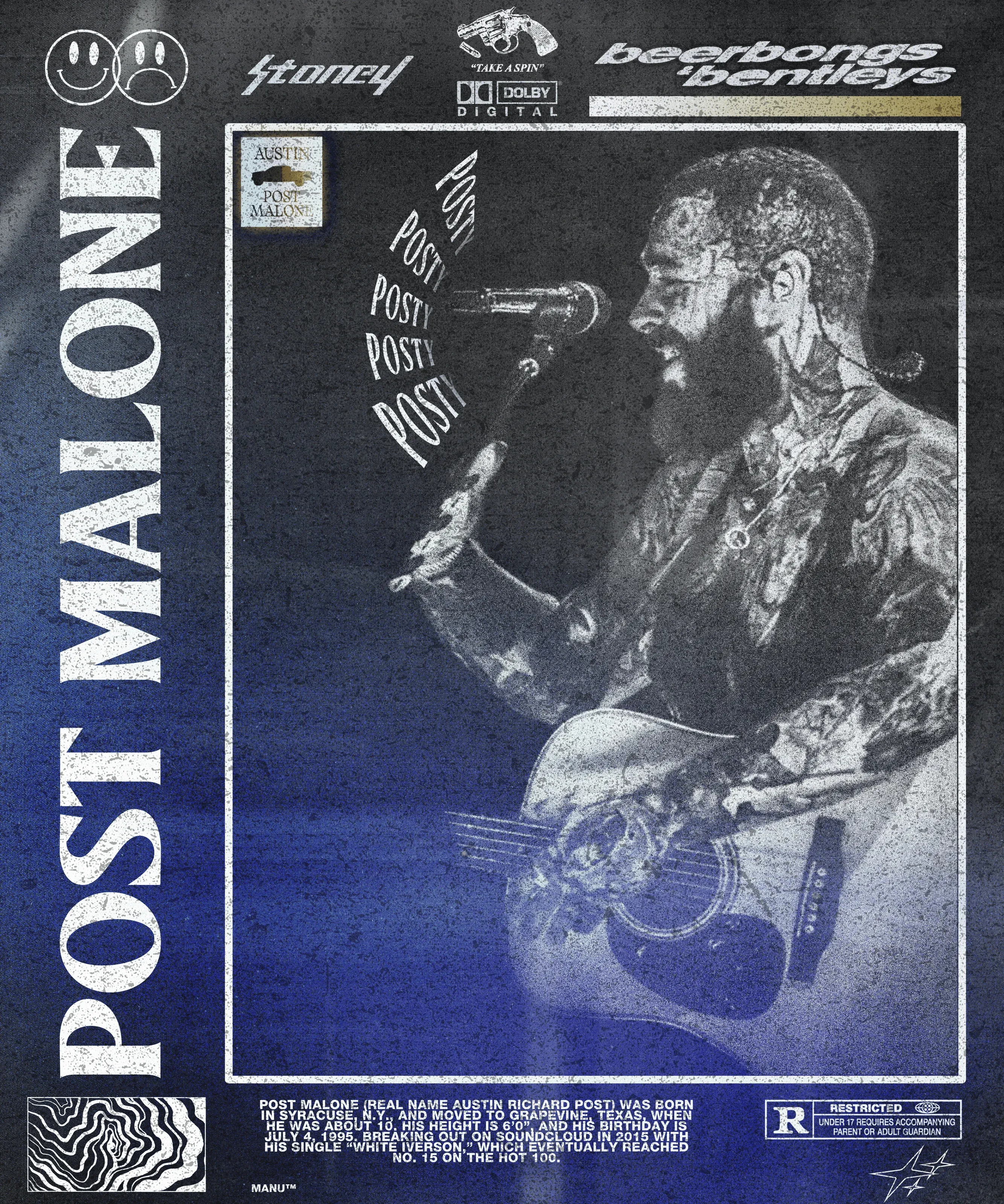 Blue-toned poster of a tattooed singer with a guitar at a microphone, with POST MALONE set vertically on the left and album details around the frame.