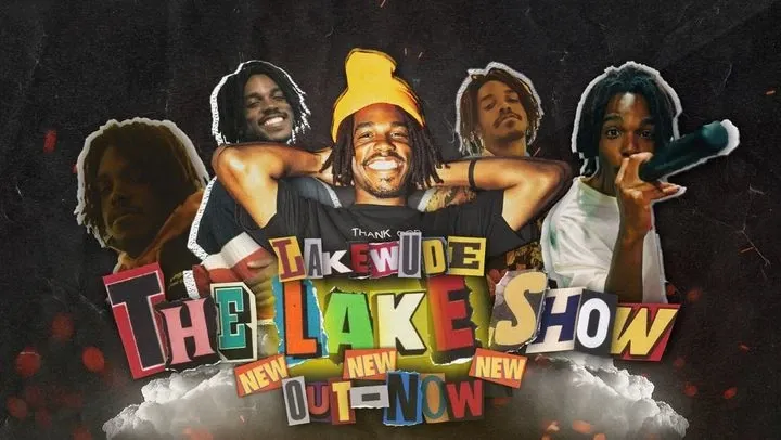 Wide collage of five cut-out young men above the words The Lake Show in multicoloured cut-out letters, with New Out Now tags.