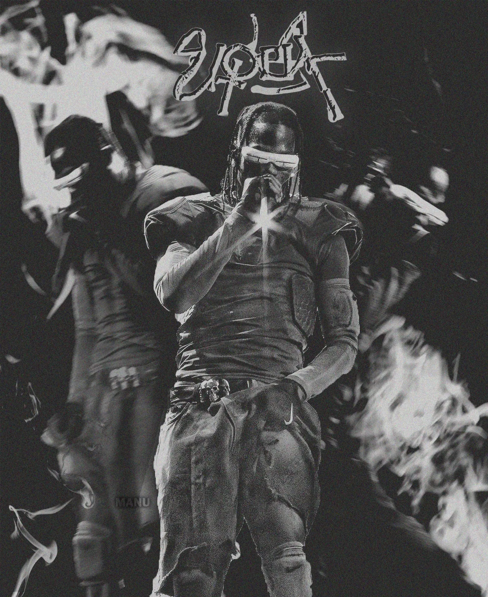Black-and-white artwork of a masked performer in a jersey surrounded by flames, with the word Utopia scratched in chrome lettering above.