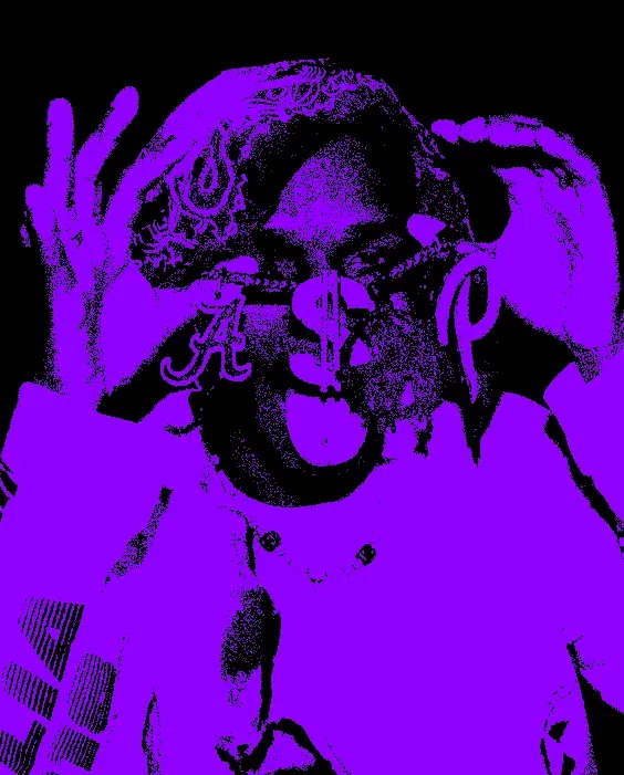 Purple high-contrast portrait of a rapper in a bandana and jewellery, making a hand sign close to the camera.