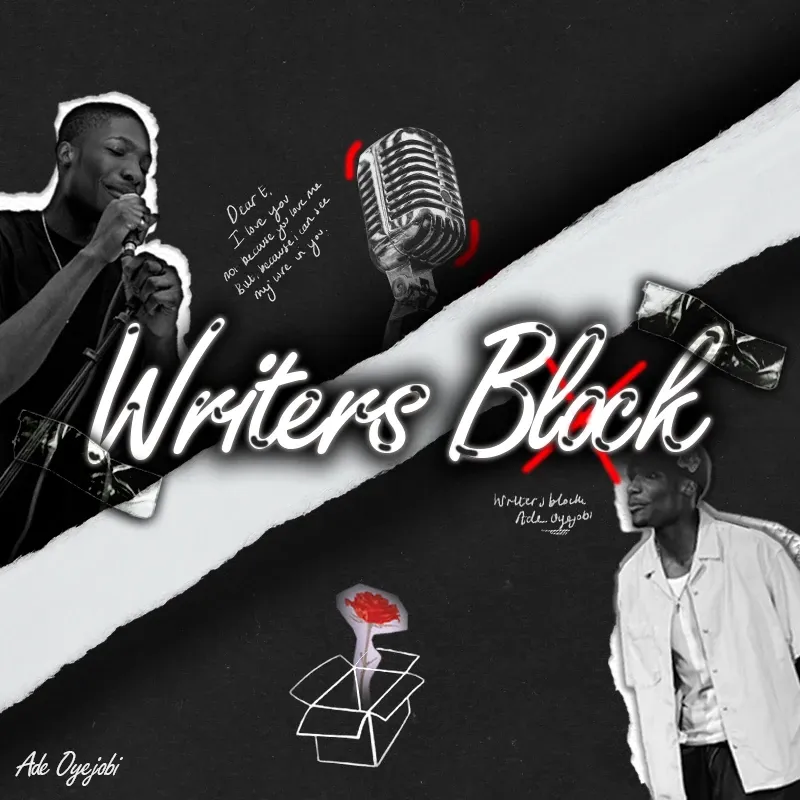 Square cover split diagonally in black and white with cut-out photos of a rapper, a vintage microphone and Writers Block in white script.